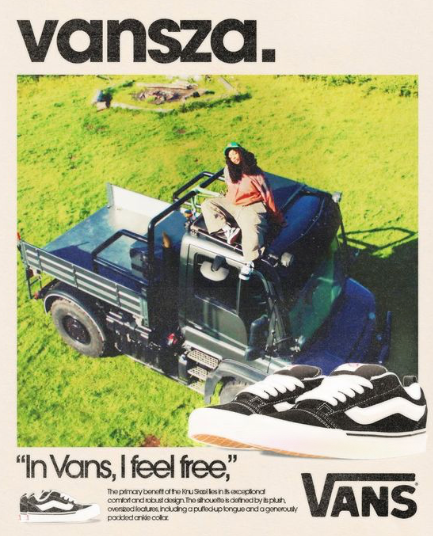 Vans SZA Kollektion bei Hypeneedz kaufen, grüner Rasen im Hintergrund, SZA auf einem blauen Truck. Slogan am unteren Bildrand "I Vans, I feel free", jetzt online kaufen