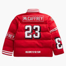 Fuera de la temporada x NFL Christian McCaffrey San Francisco 49ers Jugador Buffer Chaqueta escarlata roja