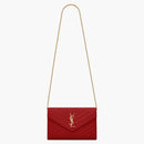 Saint Laurent Monogram Chain Wallet Matelasse Grain De Poudre Gold-tone Eros Red