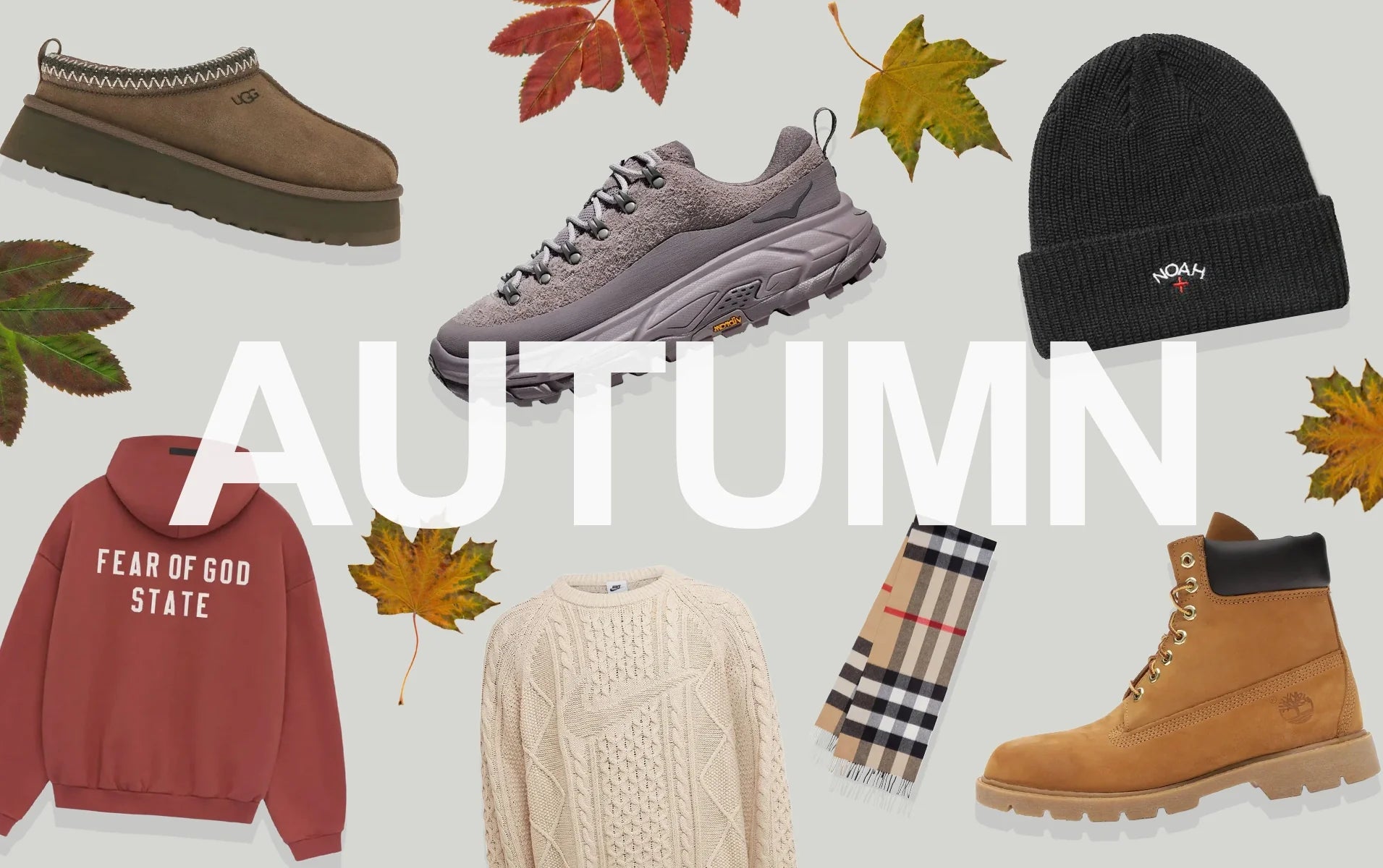 Herbst Kollektion 2025, bunte Blätter mit drei Schuhen und 3 Klamotten auf grauem Hintergund, jetzt bei Hypeneedz entdecken