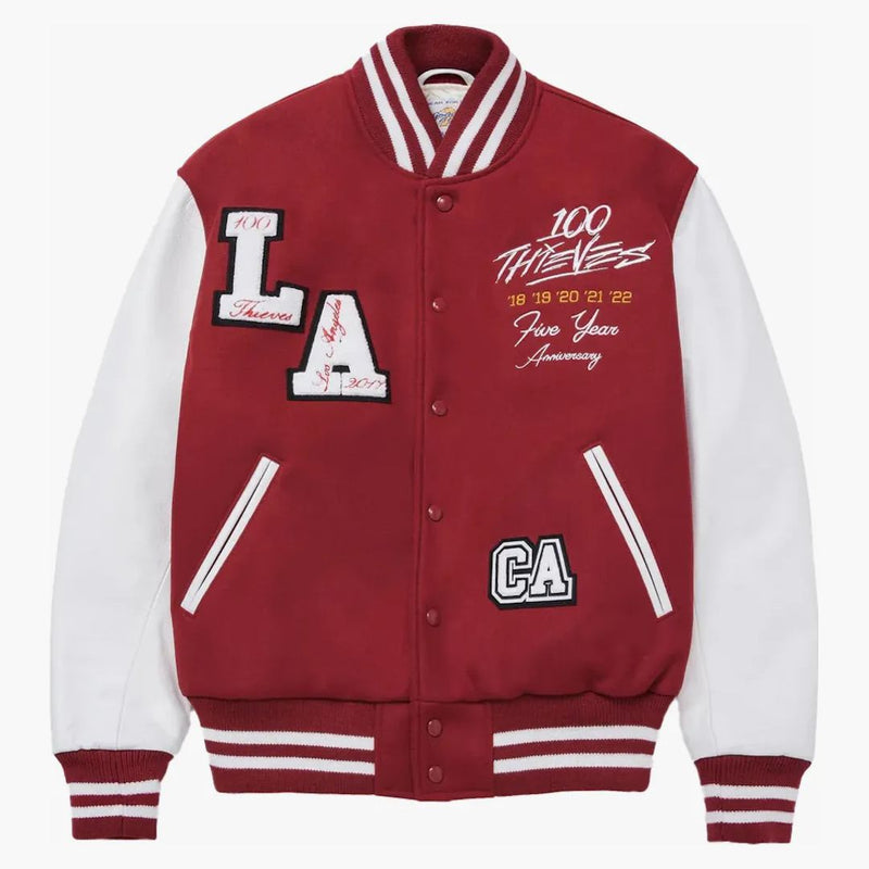 100 Thieves Golden Bear 5 Year Varsity Jacket Red/White