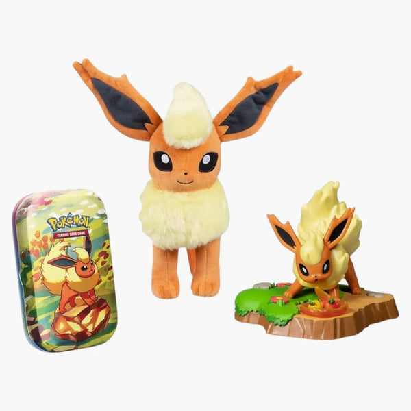 2025 Pokémon Scarlet & Violet Prismatic Evolutions Flareon Plush, Figure & Tcg Mini Tin Bundle