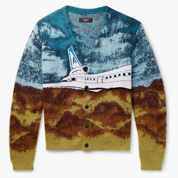 Amiri Airplane Intarsia Mohair Cardigan Sweater Roasted Red/Dark Blue