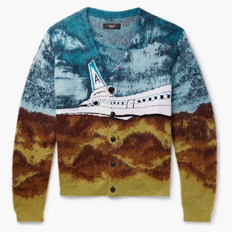 Amiri Airplane Intarsia Mohair Cardigan Svetr pečené červené/tmavě modrá