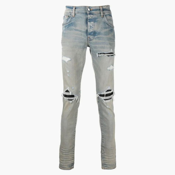 Amiri zoufalý povrch roztrhaný hubené džíny Light Indigo Blue
