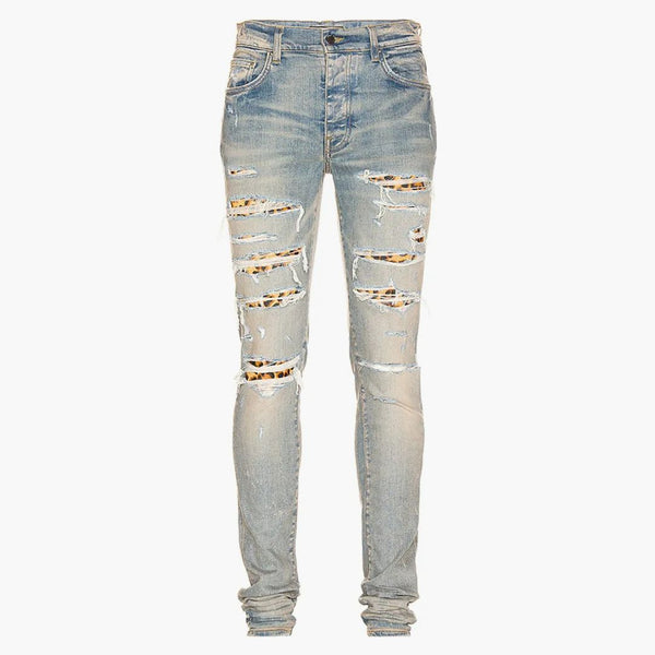 Amiri leopard thrasher hubená fit džíny hlína indigo