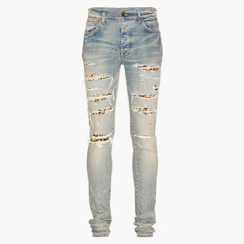 Amiri leopard thrasher hubená fit džíny hlína indigo