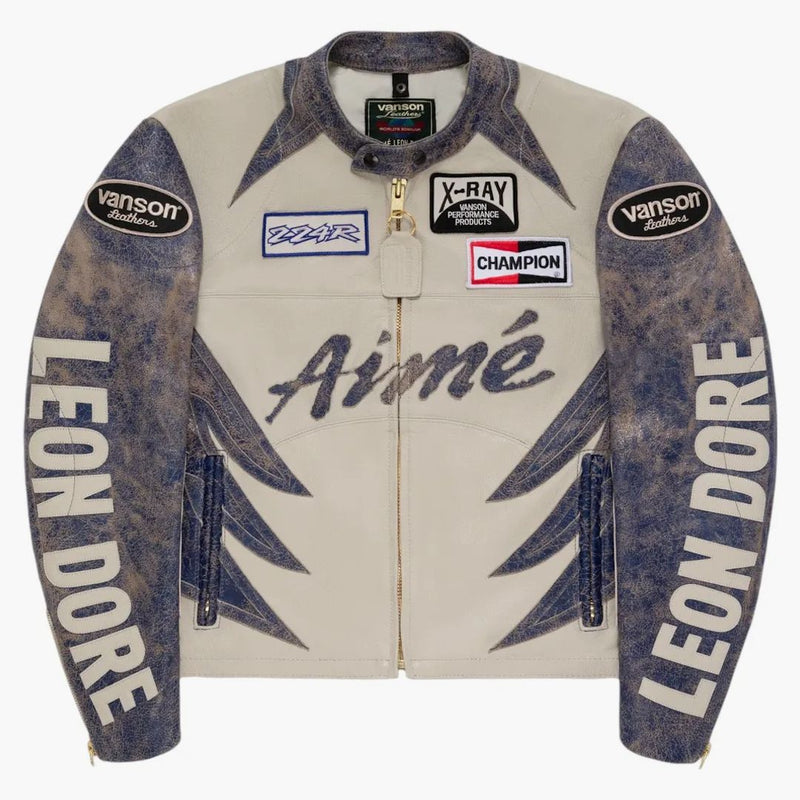Aime Leon Dore x Vanson Estruerad lädermotojacka Blue/Cream