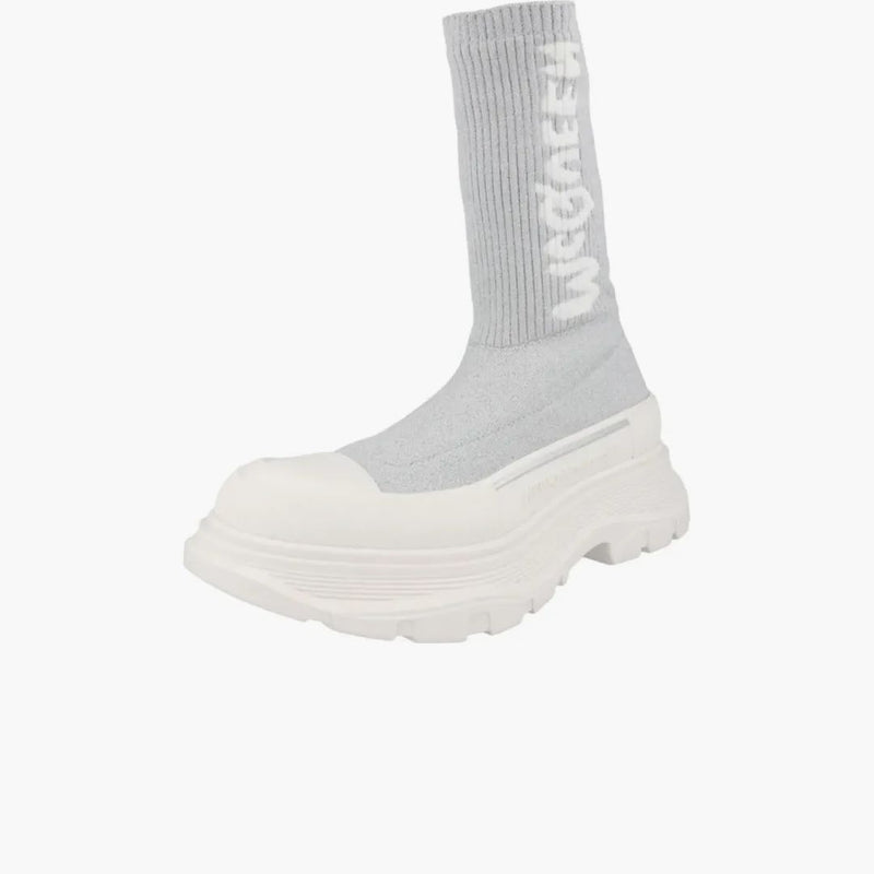 Alexander Mcqueen Logo Intarsia Chunky Sock Sneaker Grey White (women's)