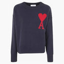 Ami Paris Ami de Coeur Felted Merino Wool Sweater Night Blue/Red