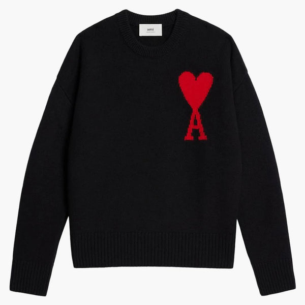 Ami Paříž Ami de Coeur Intarsia-pletený merino vlněný posádka nadměrný svetr černá/červená