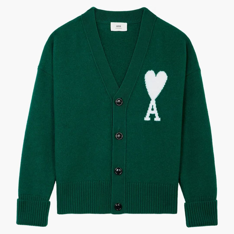 Ami paris ami de coeur lana merino oversize cardigan verde/bianco