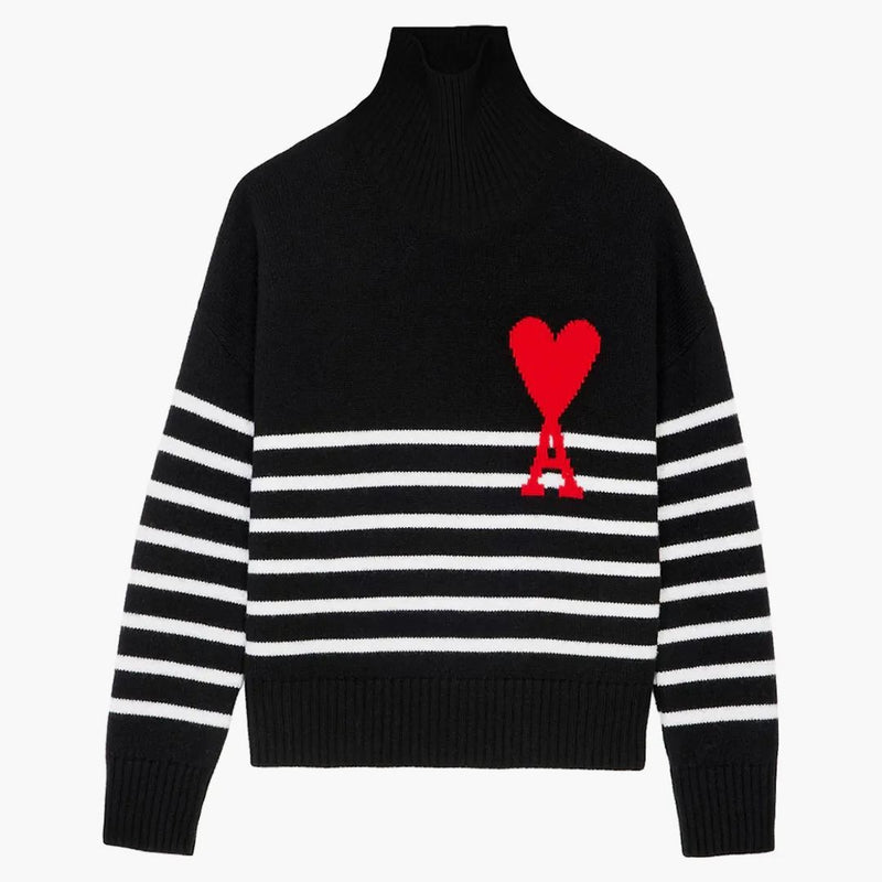 Ami paris ami de coeur embudo rayado cuello suéter de gran tamaño negro/blanco/rojo