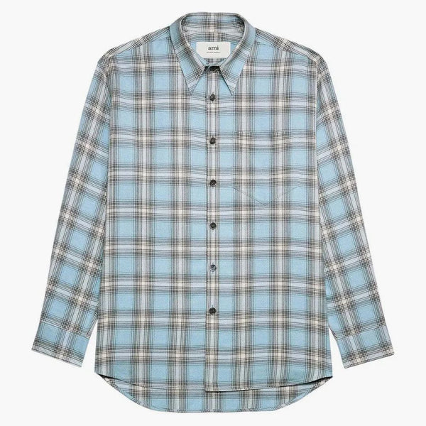 Ami Paris Long-sleeved Checkered Knitted Shirt Blue