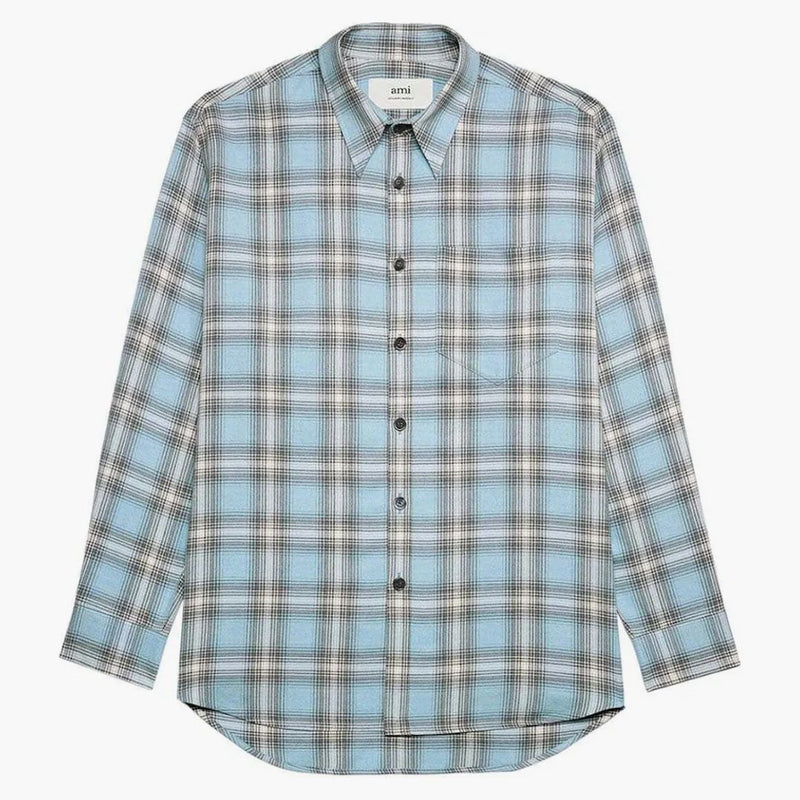 Ami Paris Long Sleeved Checkered Knitted Shirt Blue