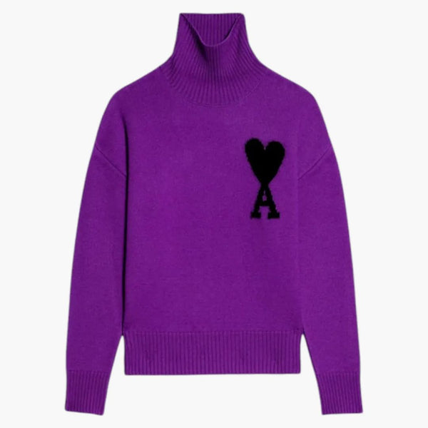 Suéter de cuello de pie de gran tamaño ami paris púrpura/negro