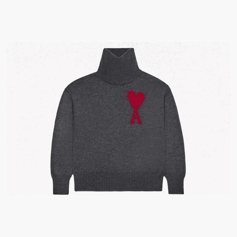 Ami Paris Red Ami De Coeur Sweater Heather Grey/red