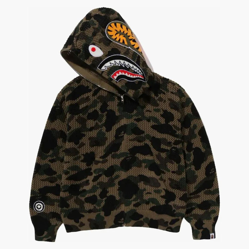 BAPE 1. camo háčkování žralok plnohodnotný zip mikina zelená