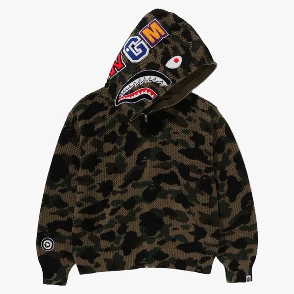 BAPE 1. camo háčkování žralok plnohodnotný zip mikina zelená