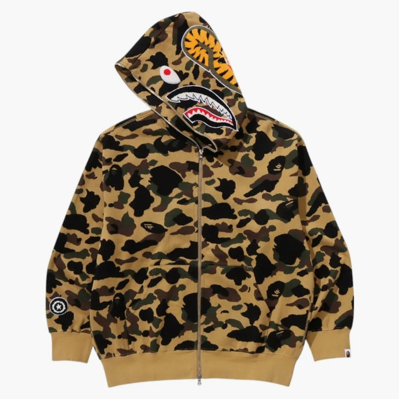 Bape 1. camo jacquard žralok uvolněný fit plné zip mikina žlutá