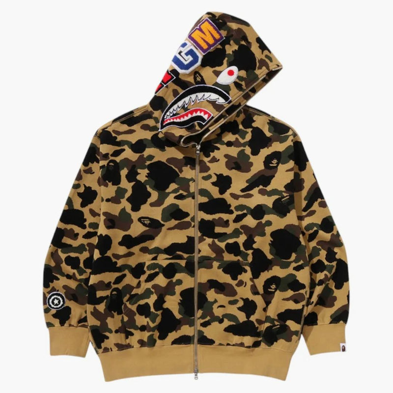 Bape 1. camo jacquard žralok uvolněný fit plné zip mikina žlutá