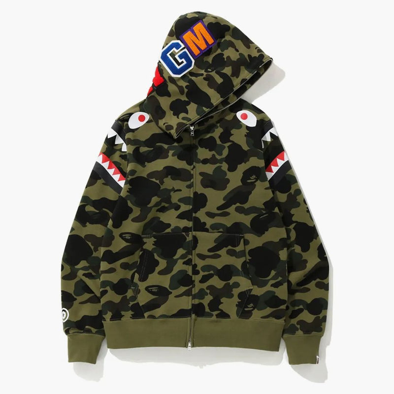 Bape 1. camo žraločí rameno plné zip mikina zelená