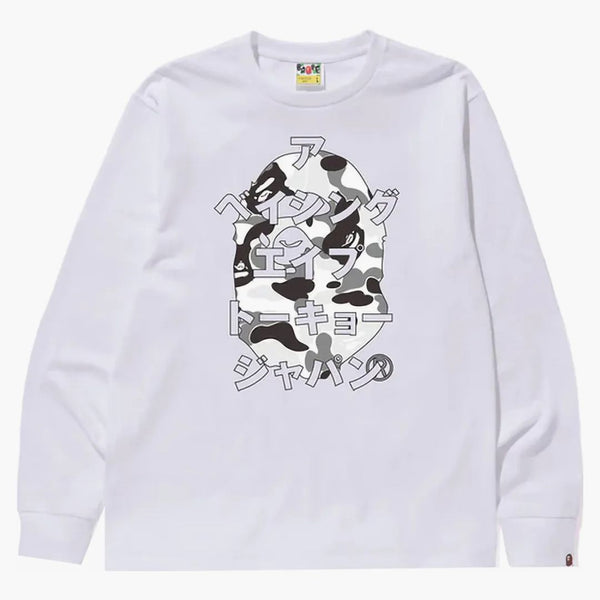 BAPE ABC Camo Japonská písmena s dlouhým rukávem Tee bílá/šedá