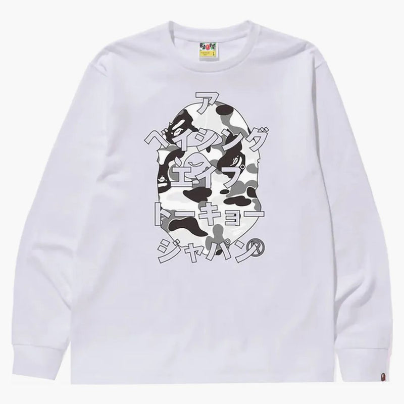 BAPE ABC Camo Japonská písmena s dlouhým rukávem Tee bílá/šedá