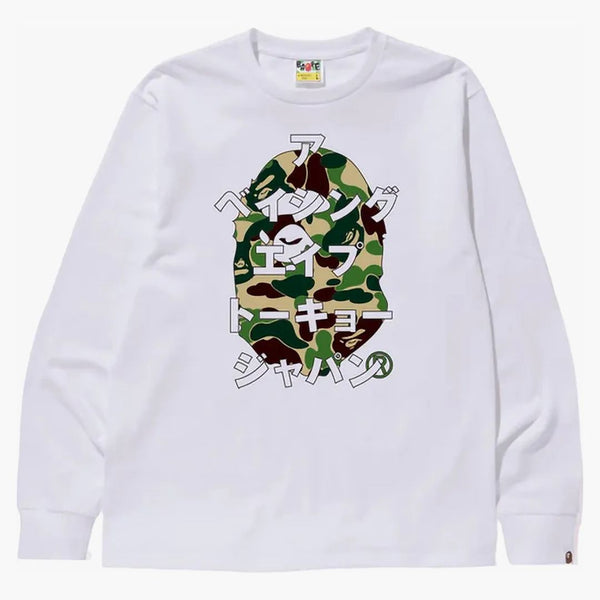 BAPE ABC Camo Japonská písmena s dlouhým rukávem Tee bílá/zelená