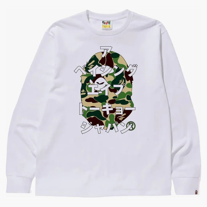 BAPE ABC Camo Japonská písmena s dlouhým rukávem Tee bílá/zelená