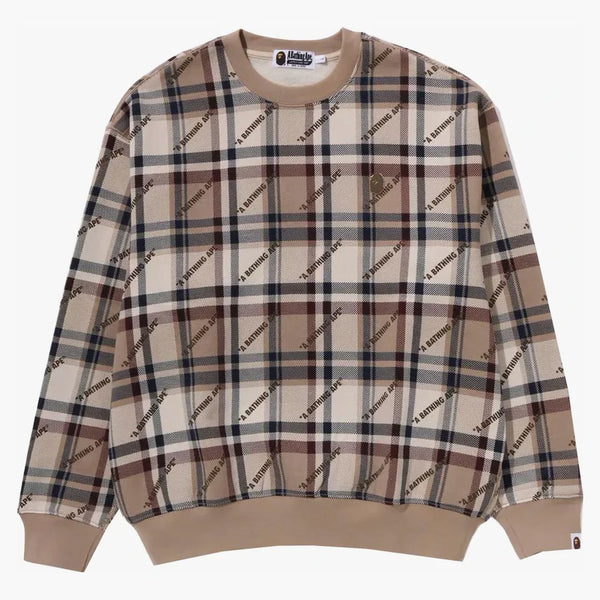 Bape a bathing ape logo check pattern crewneck beige