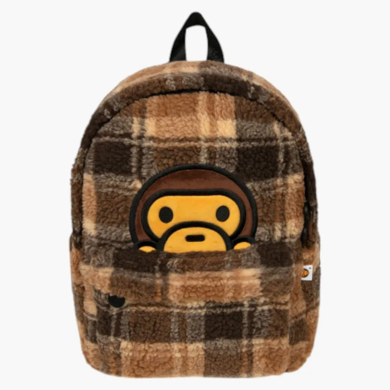 Bape Baby Milo Check Sherpa Medium Backpack Beige