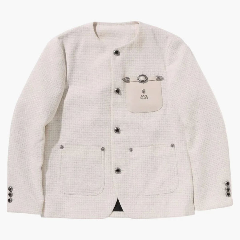 Bape Black Collarless Ornaments Tweed III Coat Ivory