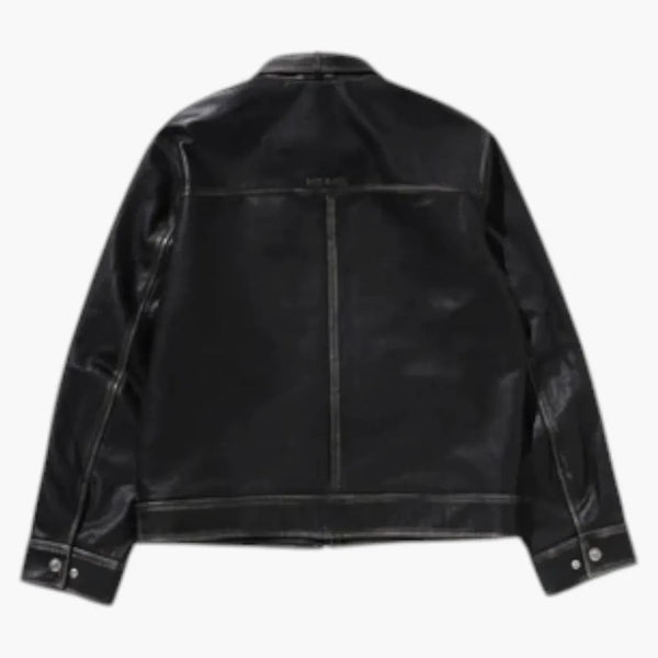 Bape Black Washed Leather Harrington Jacket Dark Brown