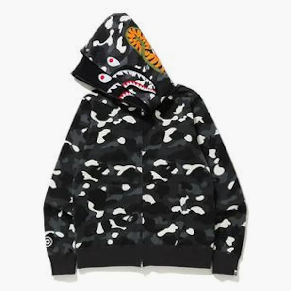 Bape City Camo Shark Wide Full Zip Double Hoodie Black