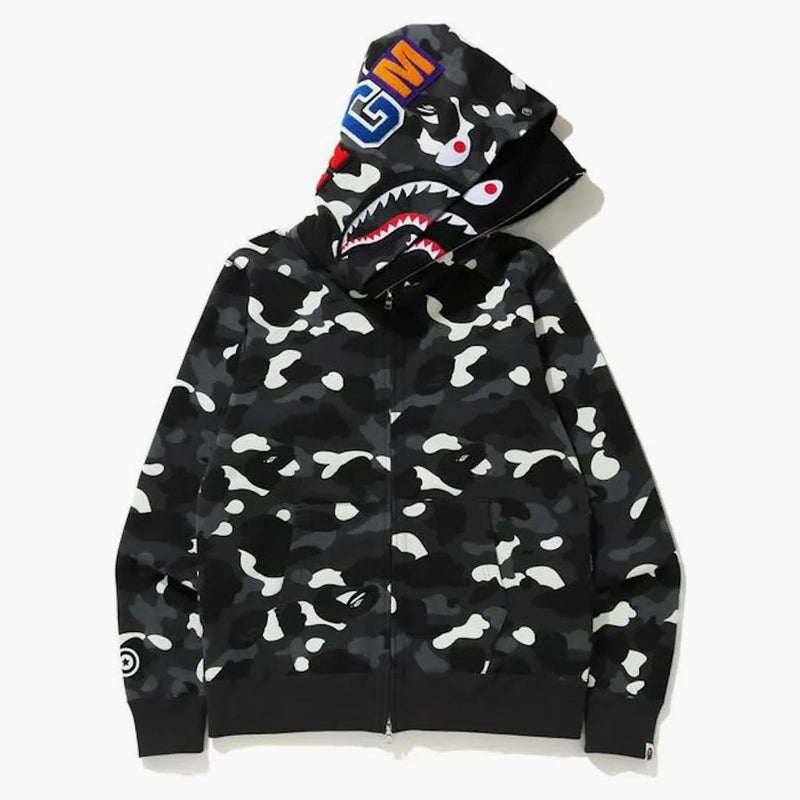 Bape City Camo Shark Wide Full Zip Double Hoodie Black
