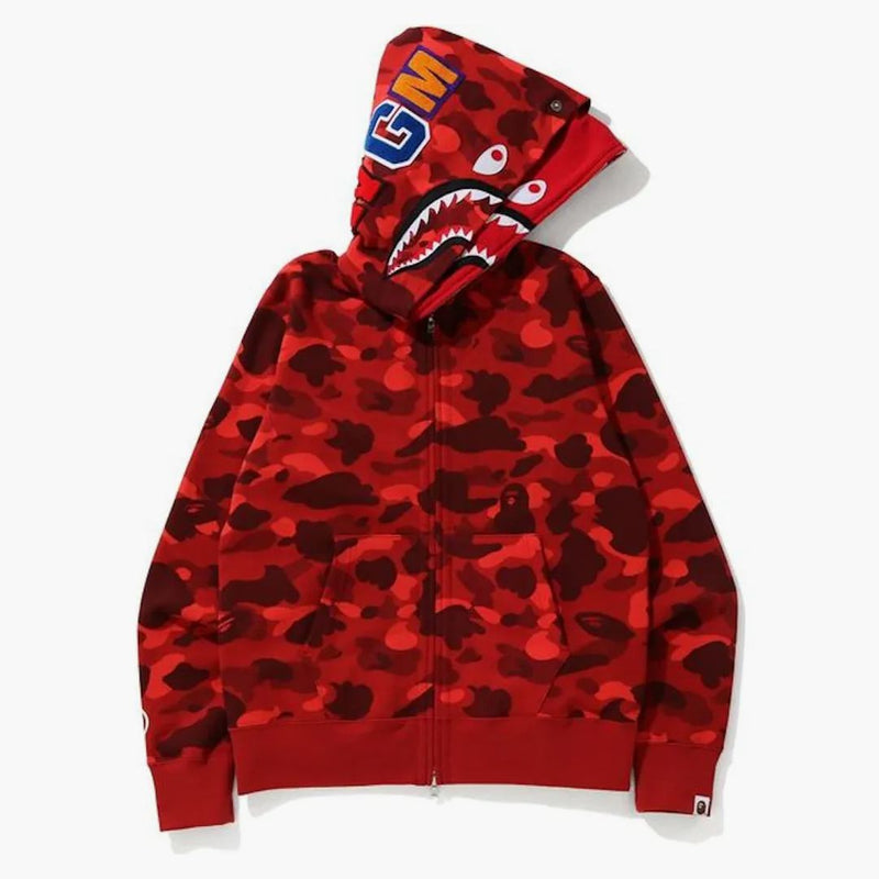 Bape Color Camo Shark Wide Full Zip Double Hoodie Red