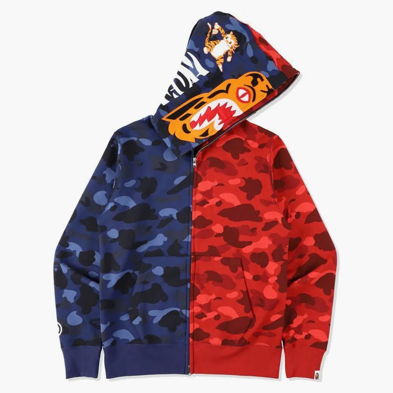 Bape Color Camo Tiger Shark Half Full Zip Hoodie Navy