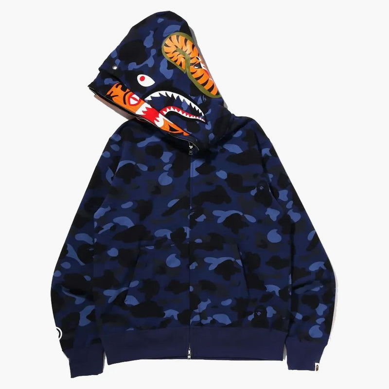 Bape Color Camo Tiger Shark Wide Full Zip Double Hoodie (SS22) Navy