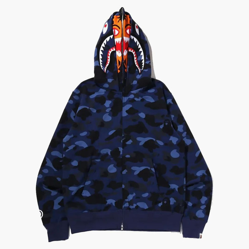Bape Color Camo Tiger Shark Wide Full Zip Double Hoodie (SS22) Navy