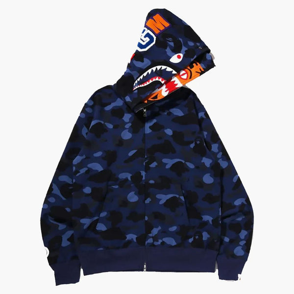 Bape Color Camo Tiger Shark Wide Full Zip Double Hoodie (SS22) Navy