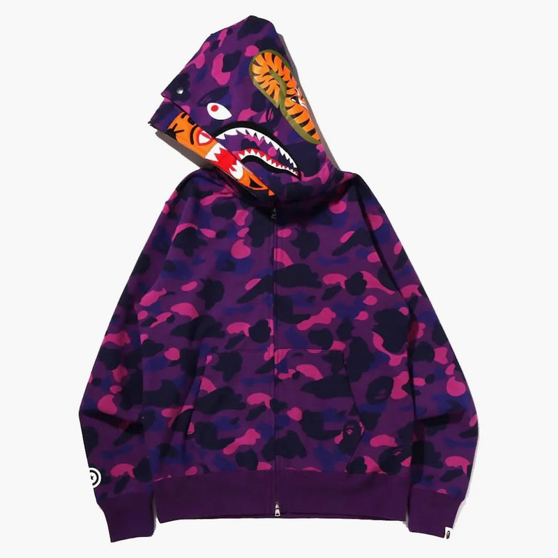 Bape Color Camo Tiger Shark Wide Full Zip Double Hoodie (SS22) Purple