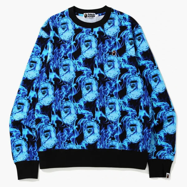 Bape Flame Wide Crewneck Blue