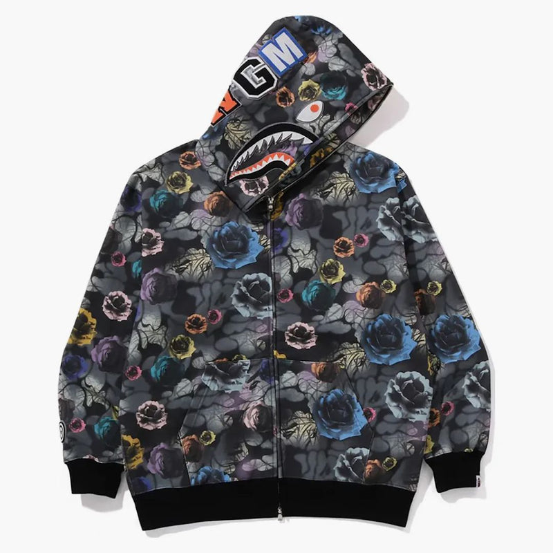 BAPE FLIORAL CAMO SHARK RELAMENED Fit Fit Full Zip Hoodie Black