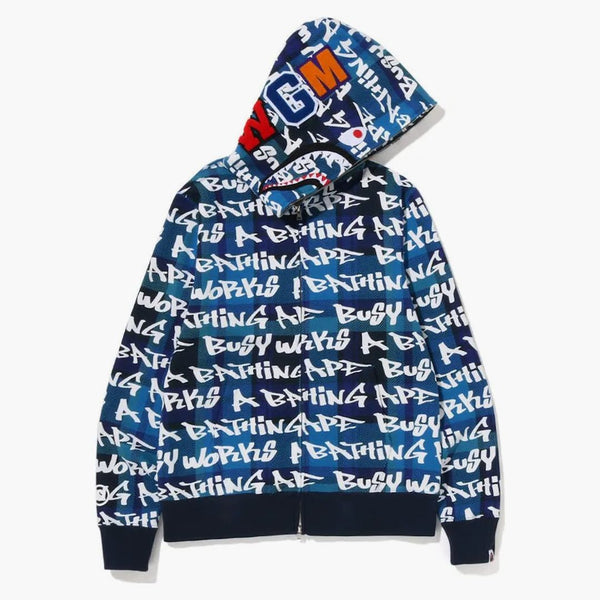 BAPE Graffiti check Shark Full Zip Hoodie Blue