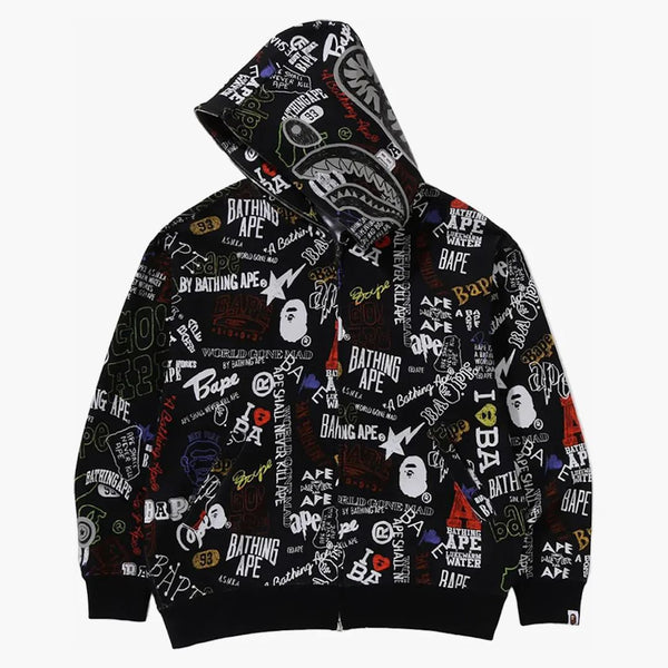 Bape ruční tah vzoru Shark Zip Hoodie Black