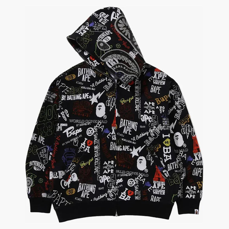 Bape ruční tah vzoru Shark Zip Hoodie Black