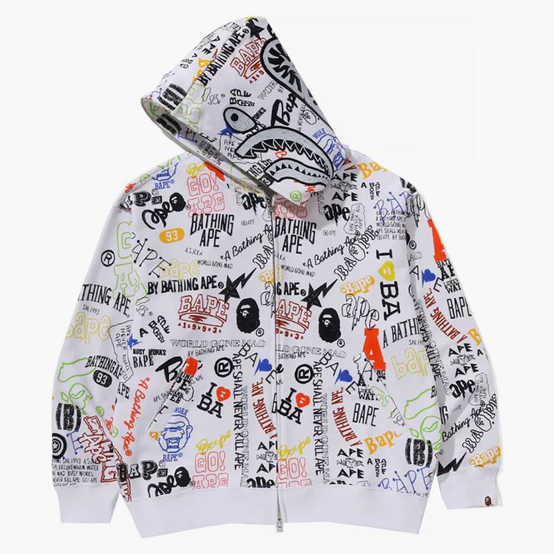 Bape ruční tah vzoru Shark Zip Hoodie White