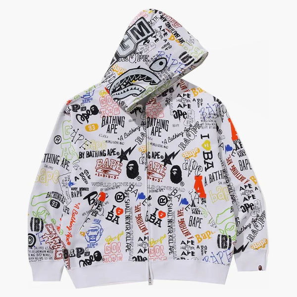Bape ruční tah vzoru Shark Zip Hoodie White
