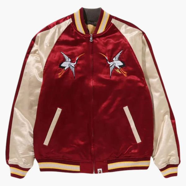 Bape Japanese Crane Embroidery Reversible Souvenir Jacket Red